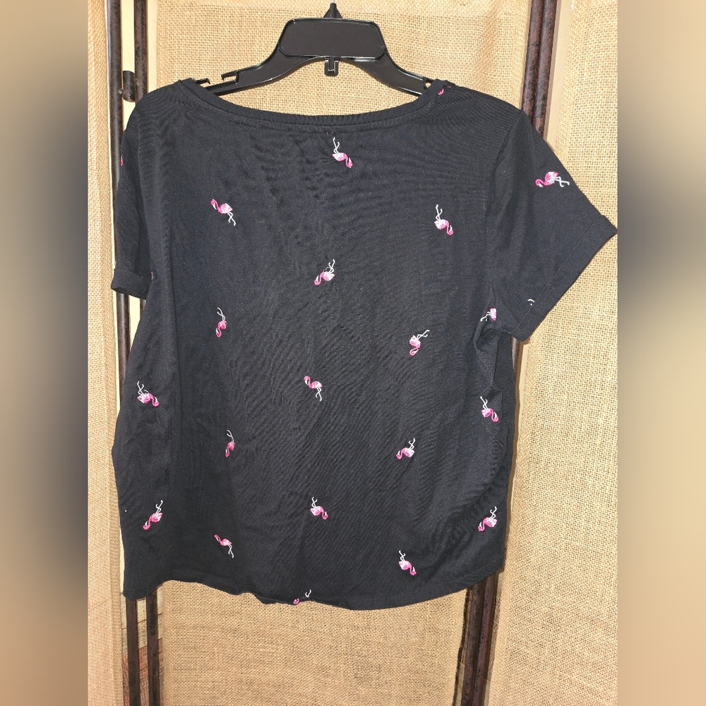 Women's Vintage America Blk Top with Pink Flamingo Embroidery Fold Sleeve Size L - Picture 10 of 10